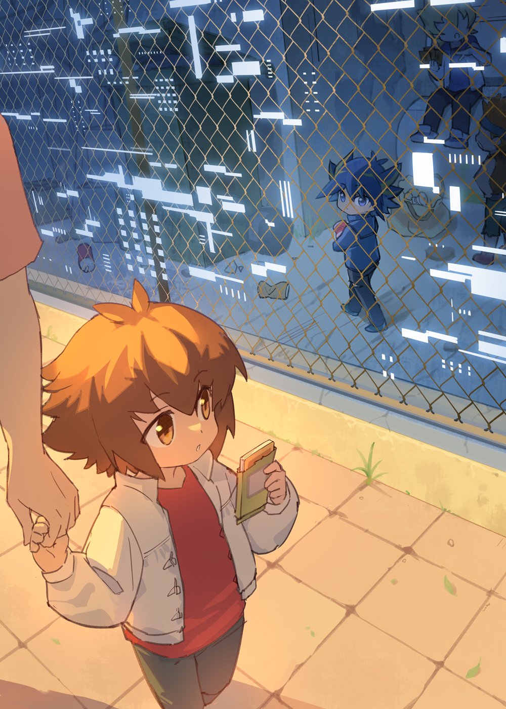 2boys :o bangs black_hair blue_eyes brown_eyes brown_hair child fence fudou_yuusei hair_between_eyes highres holding_hands jacket jiayu_long looking_at_another male_focus multicolored_hair multiple_boys open_clothes open_jacket out_of_frame phone short_hair sidelocks spiky_hair two-tone_hair walking younger yu-gi-oh! yu-gi-oh!_5d's yu-gi-oh!_gx yuuki_juudai