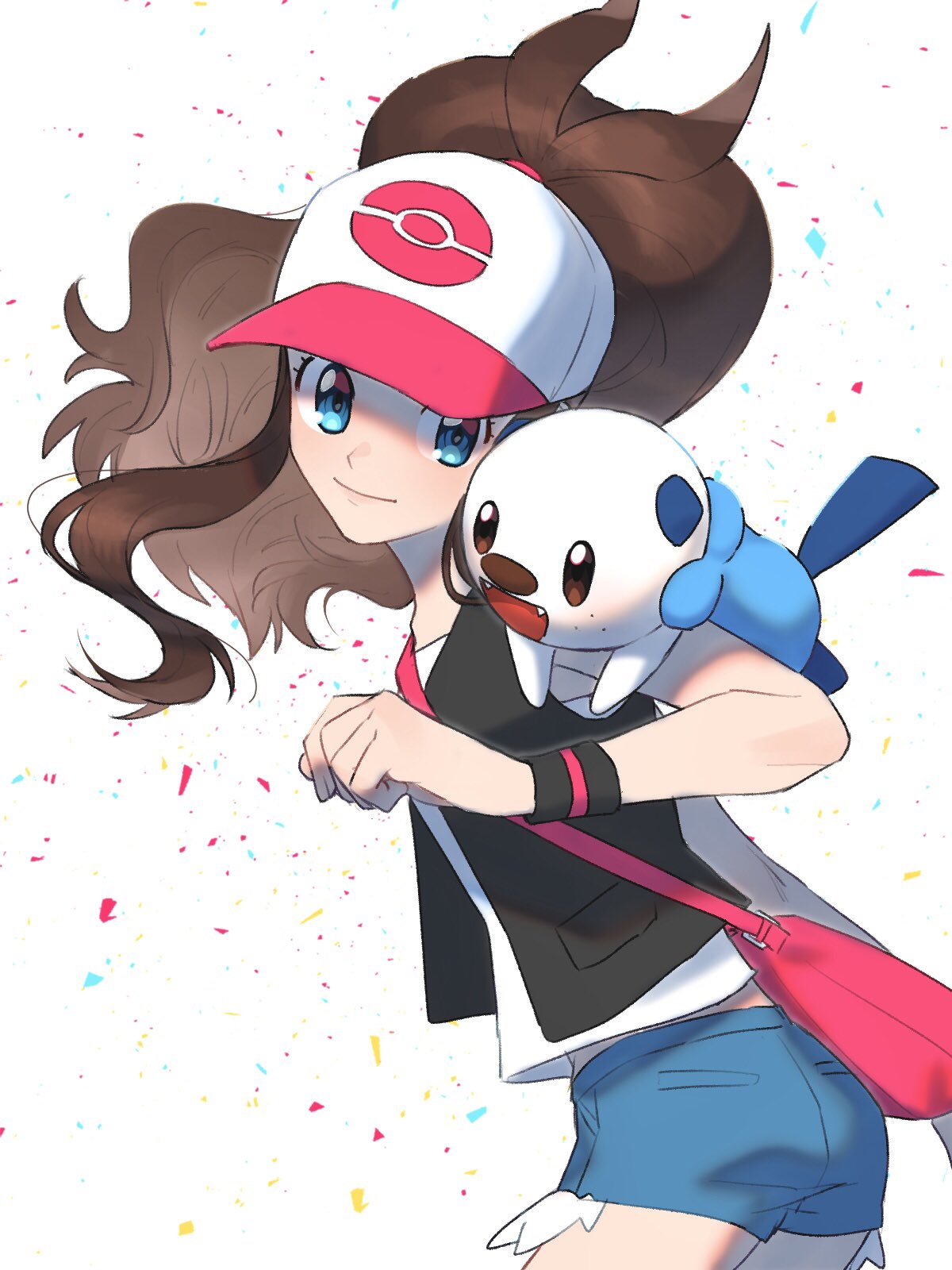 1girl bag baseball_cap black_vest blue_eyes brown_hair closed_mouth commentary_request denim denim_shorts eyelashes floating_hair hand_up hat high_ponytail highres hilda_(pokemon) long_hair oshawott pokemon pokemon_(creature) pokemon_(game) pokemon_bw pokemon_on_arm rpp_pic shirt short_shorts shorts shoulder_bag sidelocks sleeveless sleeveless_shirt smile vest white_shirt wristband