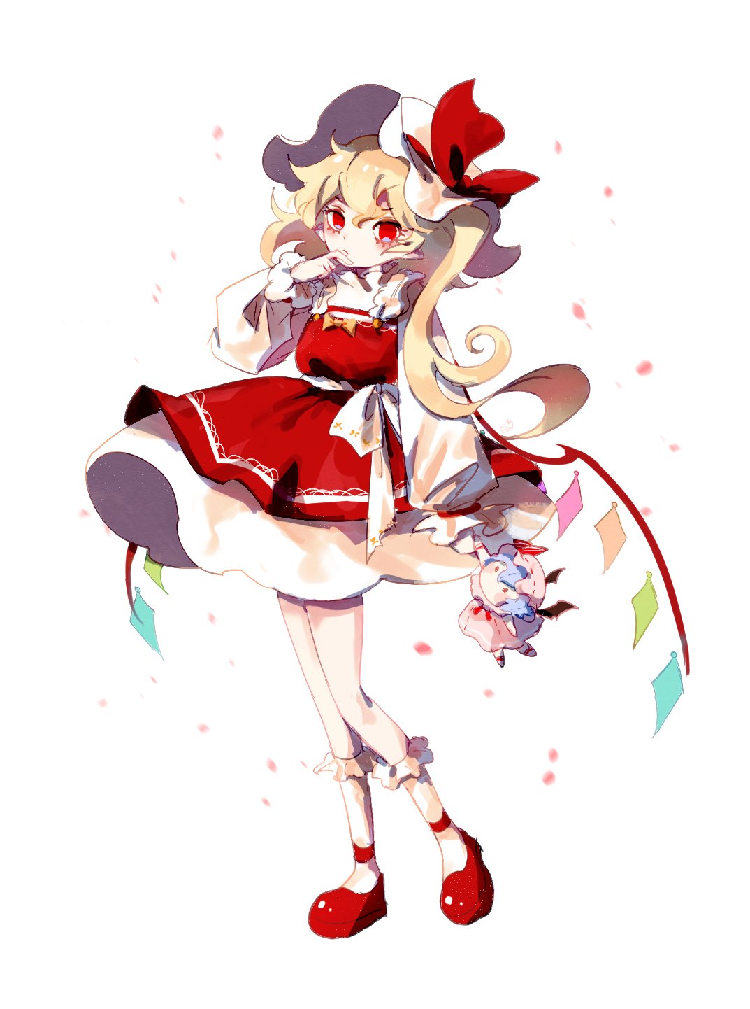 1girl adapted_costume bangs blonde_hair bobby_socks bow clothes_lift crystal doll dress finger_to_own_chin flandre_scarlet hat hat_bow highres holding holding_doll layered_dress long_sleeves looking_at_viewer mary_janes mob_cap one_side_up papang pointy_ears red_bow red_dress red_eyes remilia_scarlet shoes short_hair_with_long_locks socks solo touhou waist_bow wavy_hair white_background wings