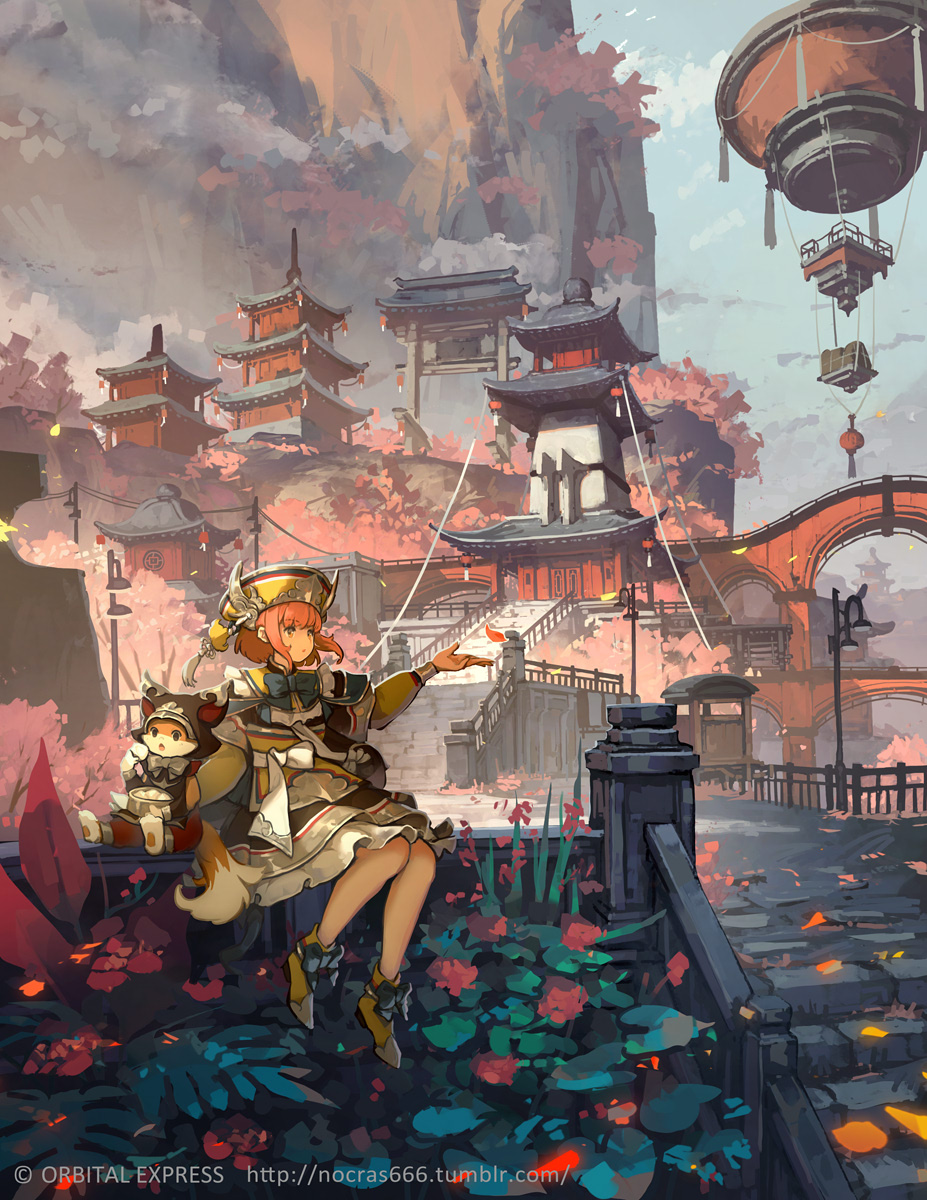 1girl architecture bespin blue_sky clouds commentary_request day east_asian_architecture fantasy full_body highres official_art original outdoors sky stairs tagme web_address
