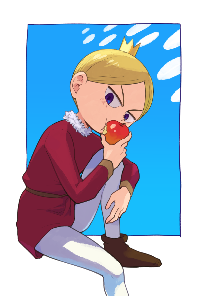 1boy aboutama apple blonde_hair blue_eyes cheek_bulge child crown daida eating food foot_out_of_frame fruit looking_at_viewer male_focus ousama_ranking pants prince shoes short_hair solo sunlight white_pants
