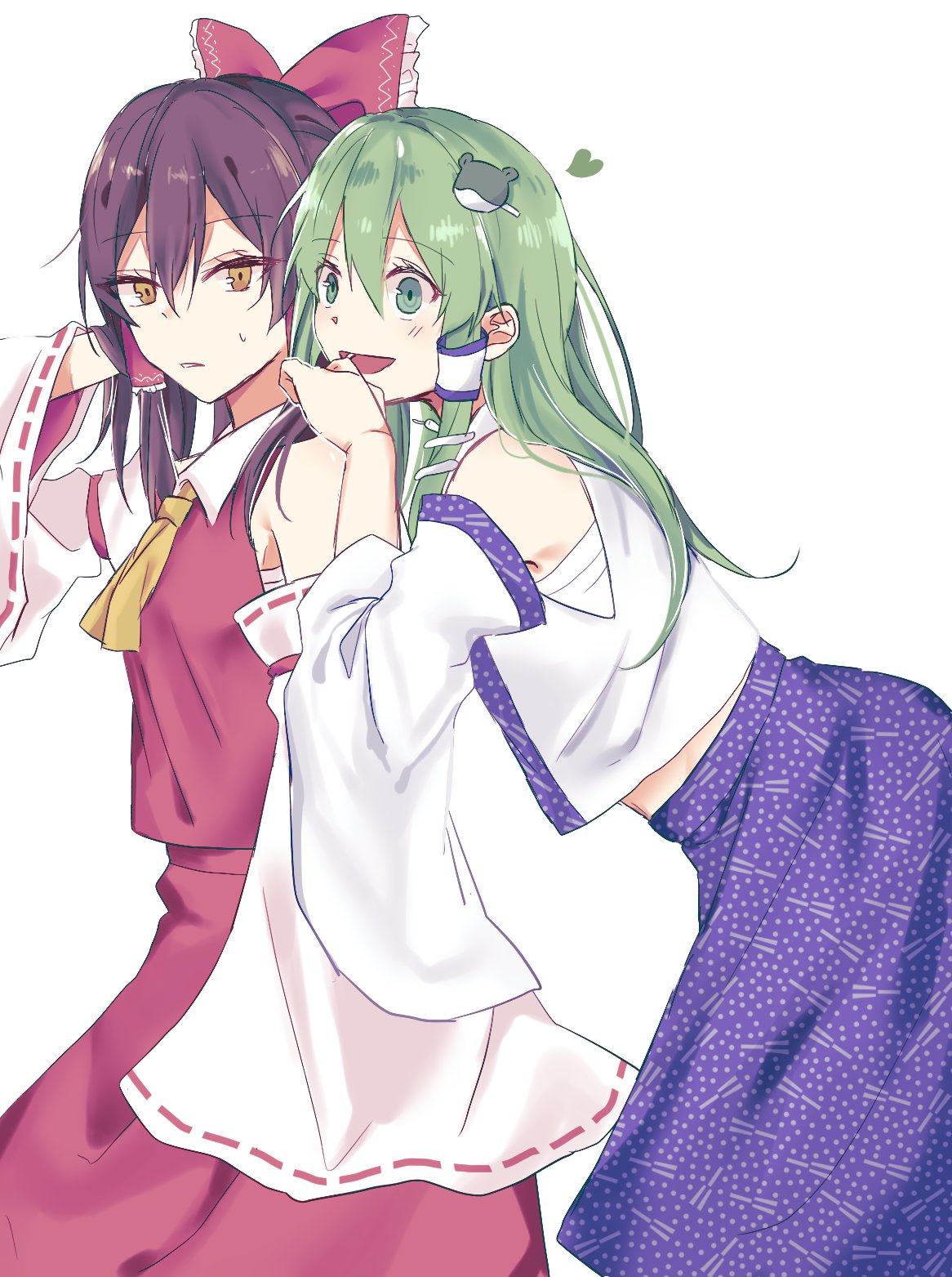 2girls :d alternate_eye_color arm_at_side arm_up ascot bangs bare_shoulders bent_over blush bow brown_hair closed_mouth commentary detached_sleeves frilled_bow frilled_hair_tubes frills frog_hair_ornament green_eyes green_hair hair_bow hair_ornament hair_tubes hakurei_reimu hand_on_another's_shoulder heart highres kochiya_sanae long_hair long_sleeves looking_at_viewer midriff_peek multiple_girls nontraditional_miko open_mouth print_skirt red_bow red_skirt red_vest ribbon-trimmed_sleeves ribbon_trim sarashi shiny shiny_hair sidelocks simple_background skirt smile snake_hair_ornament standing straight_hair sweatdrop touhou vest white_background white_sleeves wide_sleeves yellow_ascot yellow_eyes yuuki8684