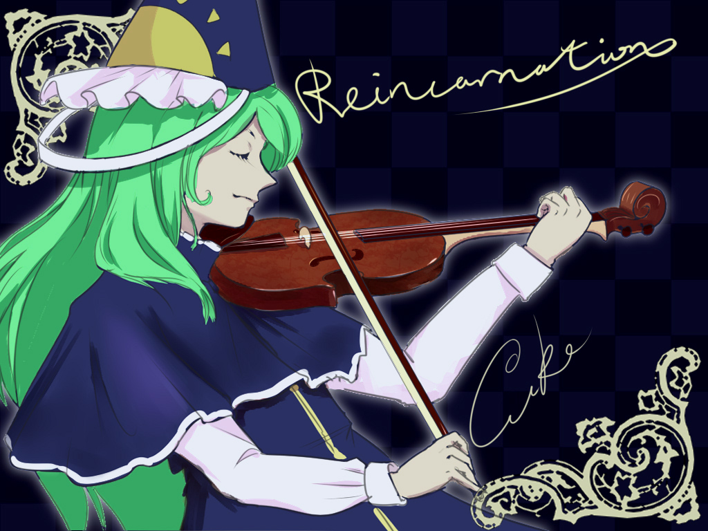 1girl bangs bloody_cuke blue_capelet blue_dress blue_headwear bow_(music) capelet closed_eyes closed_mouth commentary_request dress eyelashes frilled_hat frills green_hair hat holding holding_instrument instrument long_hair long_sleeves mima_(touhou) music playing_instrument ribbon shirt sun_print touhou touhou_(pc-98) very_long_hair violin white_ribbon white_shirt wizard_hat