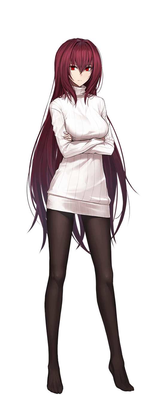 1girl bangs black_legwear breasts closed_mouth crossed_arms dress eyebrows_visible_through_hair fate/empire_of_dirt fate_(series) full_body game_cg hair_between_eyes hair_intakes highres ikemeru19 large_breasts long_hair long_sleeves looking_at_viewer pantyhose red_eyes redhead scathach_(fate) shiny shiny_hair short_dress solo standing straight_hair sweater sweater_dress tachi-e transparent_background turtleneck turtleneck_sweater very_long_hair white_dress white_sweater