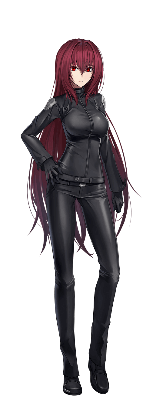 1girl bangs belt black_belt black_footwear black_gloves black_jacket black_pants breasts closed_mouth eyebrows_visible_through_hair fate/empire_of_dirt fate_(series) full_body game_cg gloves hair_between_eyes hair_intakes hand_on_hip highres ikemeru19 jacket large_breasts long_hair long_sleeves looking_at_viewer pants red_eyes redhead scathach_(fate) shiny shiny_clothes shiny_hair solo standing straight_hair tachi-e transparent_background very_long_hair