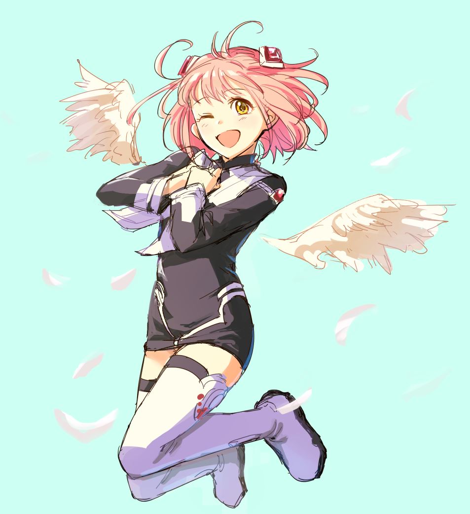 1girl ahoge black_dress bomssp boots brown_eyes dress full_body hair_ornament jumping looking_at_viewer m.o.m.o. one_eye_closed open_mouth pink_hair short_dress short_hair silver_trim simple_background smile solo thigh-highs thigh_boots white_legwear wings xenosaga zettai_ryouiki