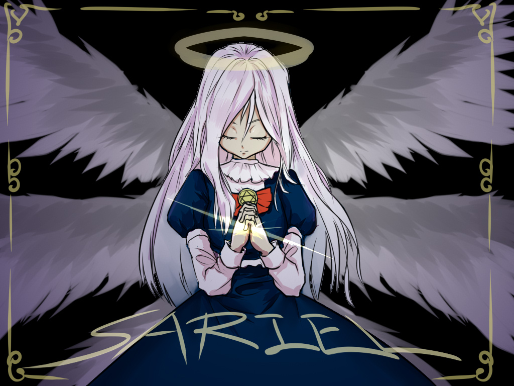1girl angel angel_wings bloody_cuke blue_dress bow bowtie character_name closed_eyes dress eyelashes feathered_wings halo long_dress long_hair long_sleeves multiple_wings neck_ruff own_hands_clasped own_hands_together palms_together praying puffy_short_sleeves puffy_sleeves red_bow red_bowtie sariel_(touhou) seraph shirt short_sleeves touhou touhou_(pc-98) very_long_hair white_hair white_shirt white_wings wings