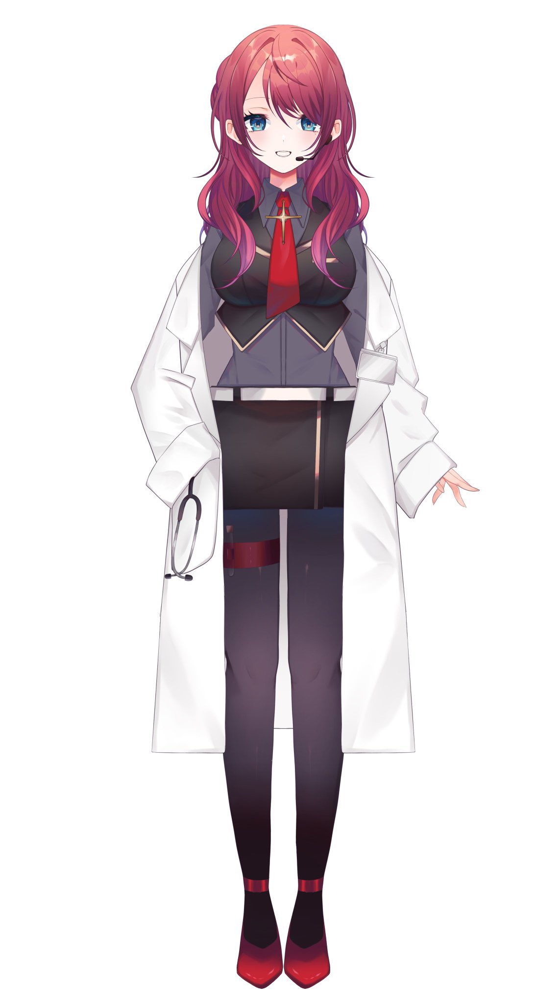 1girl black_skirt black_vest blue_eyes breasts collared_shirt grey_shirt hair_behind_ear highres hoshina_sei indie_virtual_youtuber kom0980 labcoat large_breasts long_hair necktie off_shoulder official_art open_hand pantyhose red_necktie redhead shirt skirt sleeves_past_fingers sleeves_past_wrists smile solo stethoscope thigh_strap vest virtual_youtuber white_background