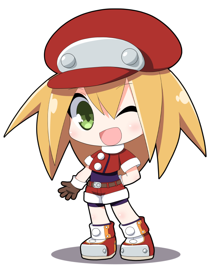 1girl belt bike_shorts blonde_hair brown_gloves cabbie_hat chibi covered_navel cropped_jacket full_body gloves green_eyes hat jacket long_hair looking_at_viewer mega_man_(series) mega_man_legends one_eye_closed open_mouth osaragi_mitama red_headwear red_jacket red_shorts roll_caskett_(mega_man) short_sleeves shorts simple_background smile solo white_background