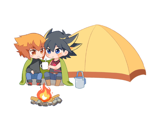 2boys bangs black_hair blue_eyes brown_eyes brown_hair camping chibi denim fire fudou_yuusei hair_between_eyes heads_together jeans jiayu_long male_focus multicolored_hair multiple_boys pants shared_blanket shared_drink short_hair sidelocks spiky_hair tent two-tone_hair white_background yu-gi-oh! yu-gi-oh!_5d's yu-gi-oh!_gx yuuki_juudai