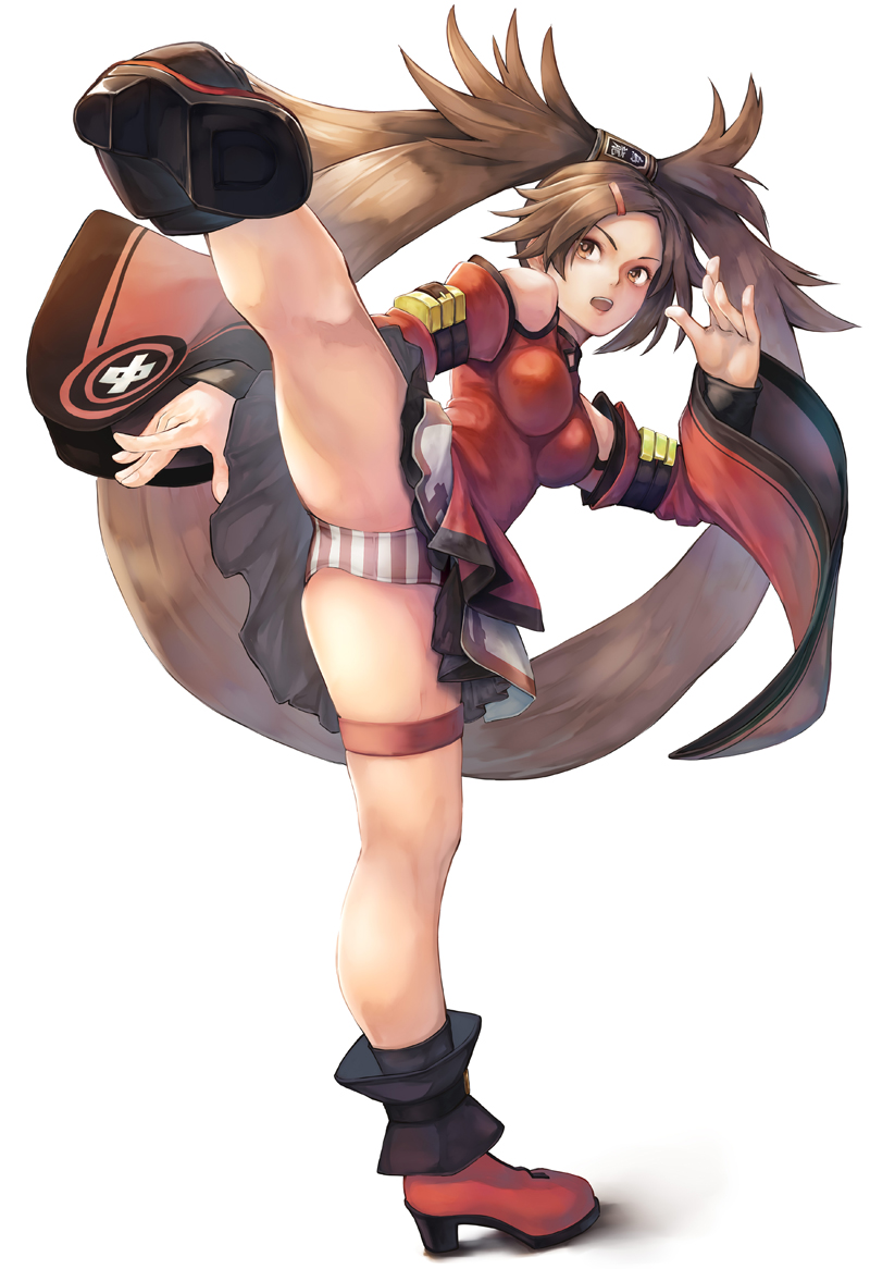 1girl bare_legs bare_shoulders breasts china_dress chinese_clothes dress fighting_stance guilty_gear hair_ornament hair_ring hairclip high_kick hinoru_saikusa kicking kicking_at_viewer kung_fu kuradoberi_jam large_breasts martial_arts open_mouth panties simple_background solo striped striped_panties thigh_strap thighs twintails underwear white_background wide_sleeves