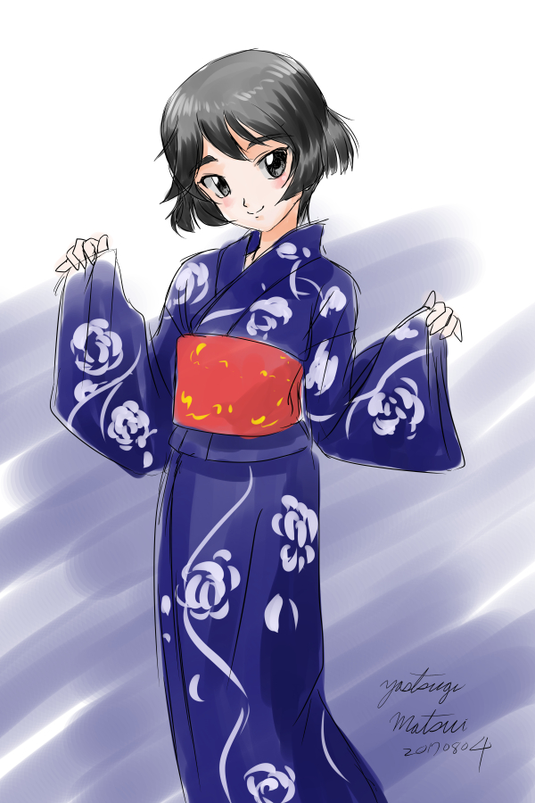 1girl artist_name bangs black_eyes black_hair blue_background blue_kimono blush bob_cut closed_mouth commentary dated eyebrows_visible_through_hair feet_out_of_frame floral_print girls_und_panzer hands_up head_tilt japanese_clothes kimono long_sleeves looking_at_viewer matsui_yasutsugu obi print_kimono raised_eyebrows red_sash sash short_hair signature sketch smile solo standing thick_eyebrows utsugi_yuuki w_arms white_background yukata