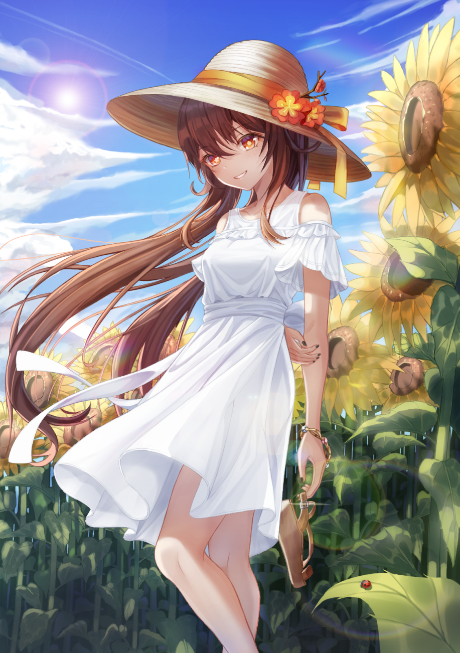 1girl alternate_costume arms_behind_back bangs black_nails blue_sky bracelet breasts brown_hair bug clouds day dress eyebrows_visible_through_hair flower frilled_dress frills hair_between_eyes hand_on_own_arm hat hat_flower hat_ribbon highres hu_tao_(genshin_impact) jewelry ladybug long_hair looking_at_viewer nail_polish outdoors red_eyes ribbon sandals sandals_removed sky slime_nyang small_breasts smile solo standing straw_hat sun sundress sunflower symbol-shaped_pupils very_long_hair white_dress wind yellow_ribbon