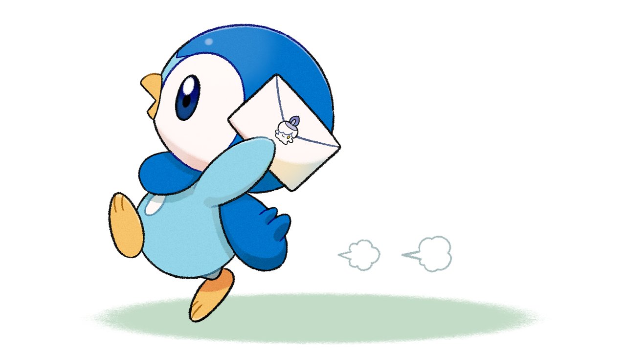blue_eyes character_print commentary_request envelope from_side holding holding_envelope litwick no_humans official_art open_mouth piplup pokemon pokemon_(creature) project_pochama solo toes white_background