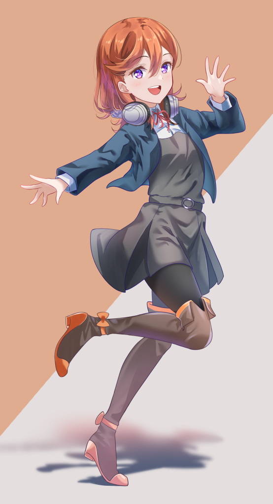 1girl :d ankle_bow bangs black_legwear blue_jacket boots bow brown_background brown_footwear brown_hair collared_shirt dress dress_shirt eyebrows_visible_through_hair full_body grey_background grey_dress hair_between_eyes jacket kitatyoco long_hair long_sleeves looking_at_viewer love_live! love_live!_superstar!! neck_ribbon open_clothes open_jacket orange_bow pantyhose pinafore_dress pleated_dress red_ribbon ribbon school_uniform shadow shibuya_kanon shiny shiny_hair shirt short_dress smile solo standing standing_on_one_leg straight_hair thigh-highs thigh_boots two-tone_background violet_eyes white_shirt wing_collar yuigaoka_school_uniform