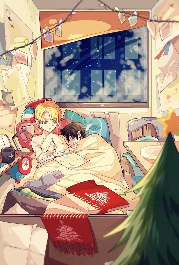 2boys bed blonde_hair blue_eyes brown_hair captain_america:_the_first_avenger captain_america_(series) chibi child christmas_tree cup desk_lamp drawing james_buchanan_barnes lamp male_focus marvel marvel_cinematic_universe mug multiple_boys night pencil pickieeeee sleeping steve_rogers window younger