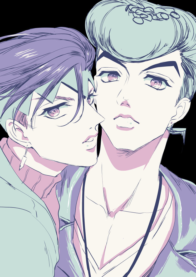 2boys diamond_wa_kudakenai earrings green_hair headband higashikata_josuke jewelry jojo_no_kimyou_na_bouken kishibe_rohan male_focus multiple_boys muted_color pompadour purple_hair sumo_(komokomo1201) undercut