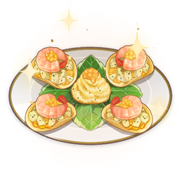 artist_request canape chips commentary english_commentary food food_focus genshin_impact leaf lowres no_humans official_art plate potato_chips shrimp sparkle still_life third-party_source transparent_background