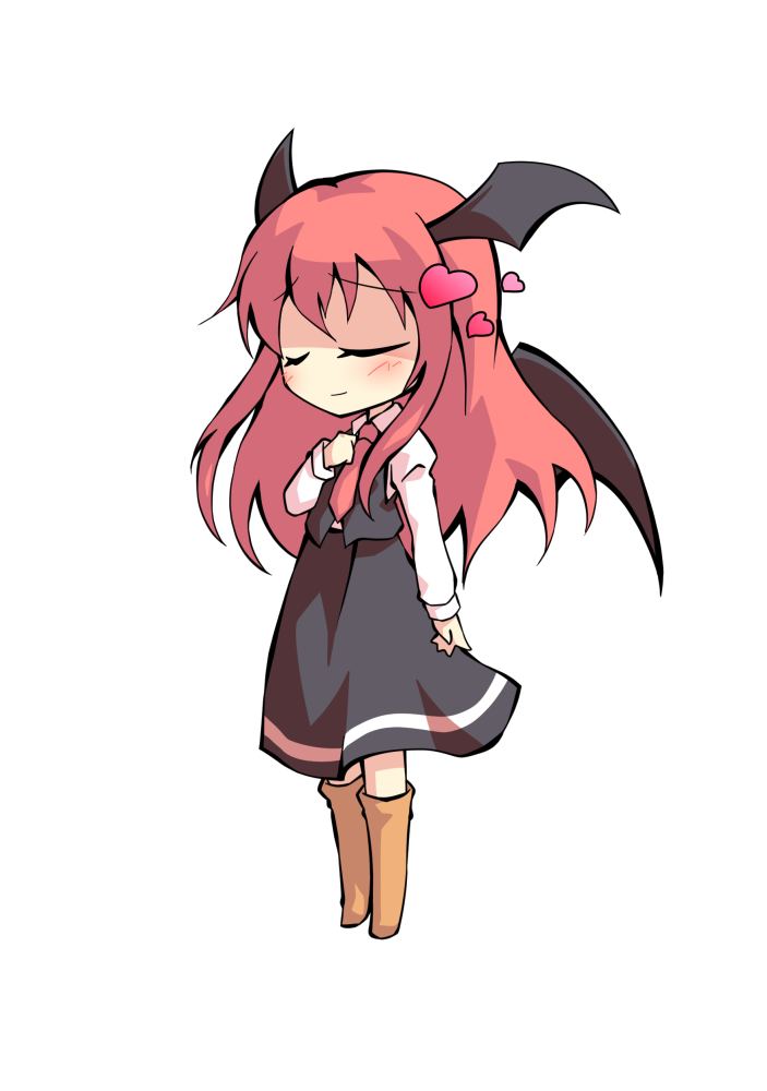 1girl bangs black_skirt black_vest chibi clip_studio_paint_(medium) dairi full_body head_wings juliet_sleeves koakuma long_hair long_sleeves necktie puffy_sleeves red_necktie redhead skirt solo standing tachi-e touhou transparent_background vest