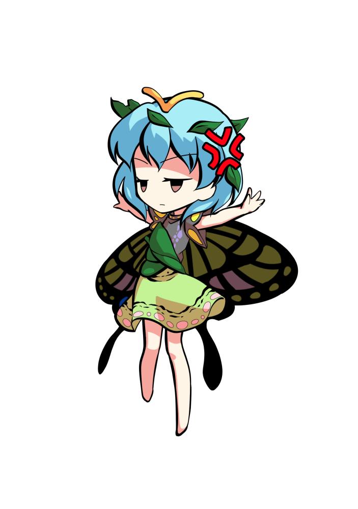 1girl anger_vein antennae aqua_hair barefoot brown_eyes butterfly_wings chibi closed_mouth dairi dress eternity_larva eyebrows_visible_through_hair fairy frown full_body green_dress hair_between_eyes leaf leaf_on_head multicolored_clothes multicolored_dress short_hair short_sleeves single_strap solo spread_legs standing tachi-e touhou transparent_background wings