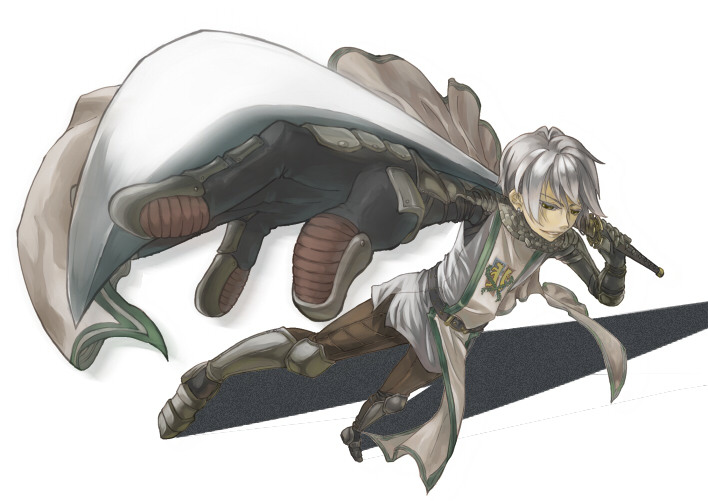 1boy armor armored_boots azumi_on bangs boots brown_cape brown_pants cape chainmail commentary_request dutch_angle emblem foreshortening full_body gauntlets grey_eyes grey_hair grey_shirt holding holding_sword holding_weapon knight_(ragnarok_online) looking_afar male_focus pants parted_lips perspective pointing pointing_at_viewer ragnarok_online shirt short_hair simple_background sleeveless sleeveless_shirt smile solo sword tabard weapon white_background