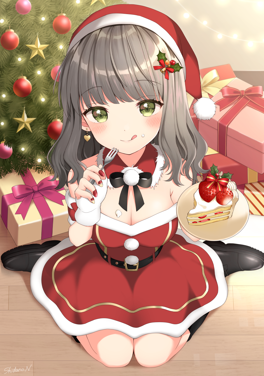 1girl :q blush cake christmas christmas_tree earrings food food_on_breasts fruit gift green_eyes grey_hair highres jewelry long_hair looking_at_viewer nail_polish original plate red_nails santa_costume santa_dress sitting solo strawberry tongue tongue_out uramakaron wariza