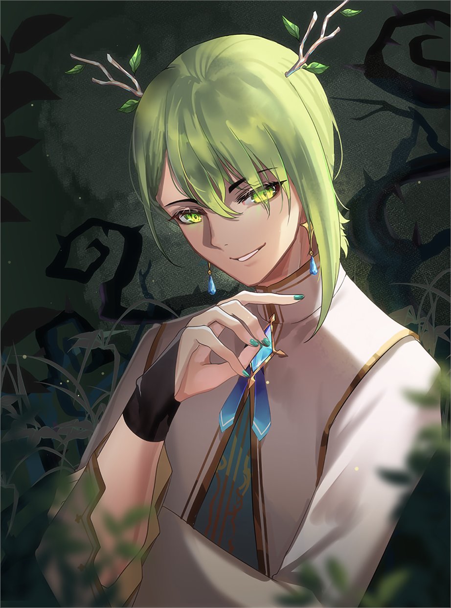 1boy antlers bangs branch bridal_gauntlets brooch ceres_faun ceres_fauna commentary earrings english_commentary genderswap genderswap_(ftm) gold_trim green_eyes green_hair green_nails hair_between_eyes hanh_chu_(r_a) highres hololive hololive_english jewelry leaf looking_at_viewer male_focus nail_polish plant shirt short_hair smile solo upper_body vines virtual_youtuber white_shirt