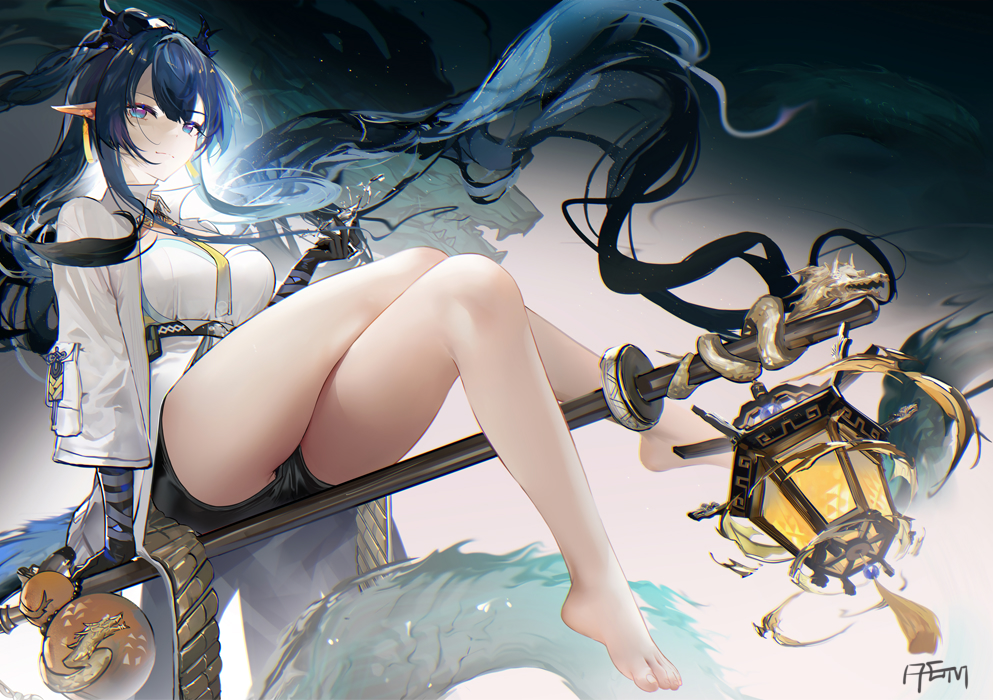 1girl arknights bangs bare_legs barefoot black_gloves black_shorts blue_eyes blue_hair breasts closed_mouth coat crossed_legs cup dragon dragon_girl dragon_horns earrings elbow_gloves eyebrows_visible_through_hair full_body gloves gourd gradient gradient_background holding holding_cup horns jewelry lantern large_breasts ling_(arknights) long_hair long_sleeves looking_at_viewer necktie omone_hokoma_agm open_clothes open_coat pointy_ears shirt short_shorts shorts signature sitting smile solo staff underbust very_long_hair white_coat white_shirt yellow_necktie