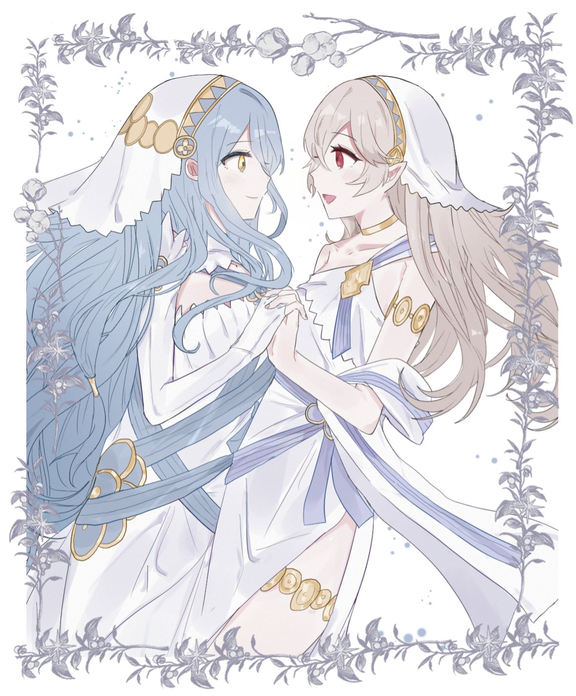 2girls armlet azura_(fire_emblem) blue_hair corrin_(fire_emblem) corrin_(fire_emblem)_(female) detached_sleeves dress eye_contact fffera fingerless_gloves fire_emblem fire_emblem_fates fire_emblem_heroes gloves highres long_hair looking_at_another multiple_girls official_alternate_costume open_mouth pointy_ears red_eyes shawl smile thighlet veil very_long_hair yellow_eyes