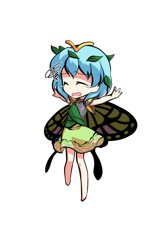 1girl antennae aqua_hair barefoot butterfly_wings chibi closed_eyes dairi dress eternity_larva eyebrows_visible_through_hair fairy full_body green_dress hair_between_eyes leaf leaf_on_head multicolored_clothes multicolored_dress open_mouth short_hair short_sleeves single_strap solo spread_legs standing tachi-e tears touhou transparent_background wings