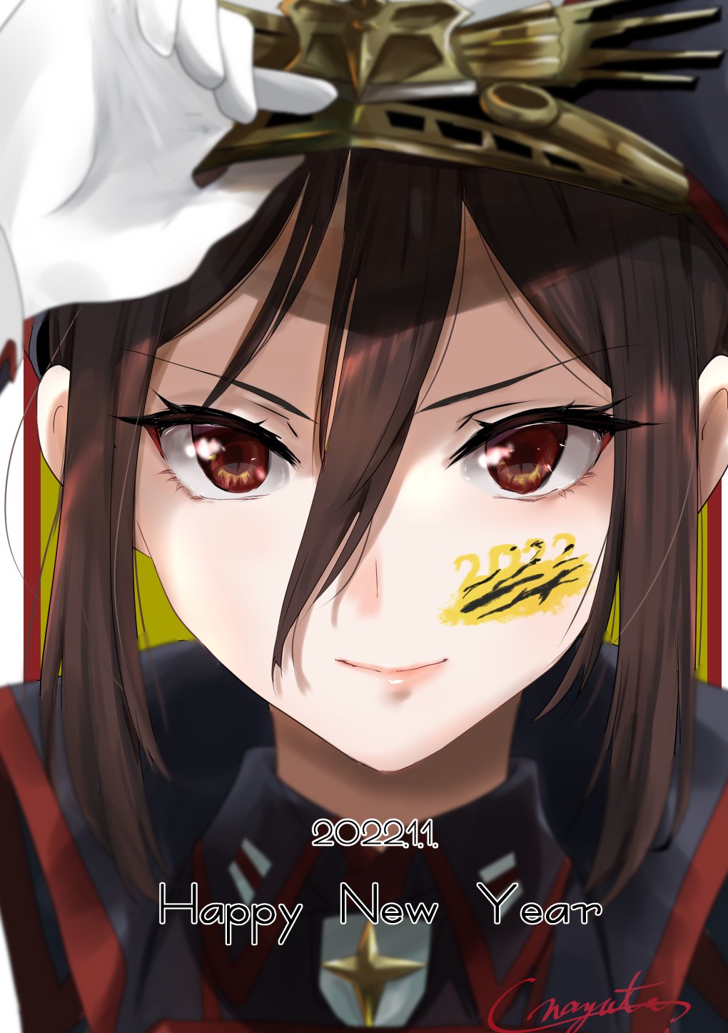 1girl 2022 bangs blue_jacket brown_eyes brown_hair close-up gloves hair_between_eyes happy_new_year hat highres jacket lips long_hair long_sleeves looking_at_viewer military military_hat military_jacket military_uniform morag_ladair_(xenoblade) nayuta-kanata new_year signature simple_background smile uniform v-shaped_eyebrows white_gloves xenoblade_chronicles_(series) xenoblade_chronicles_2 yellow_background