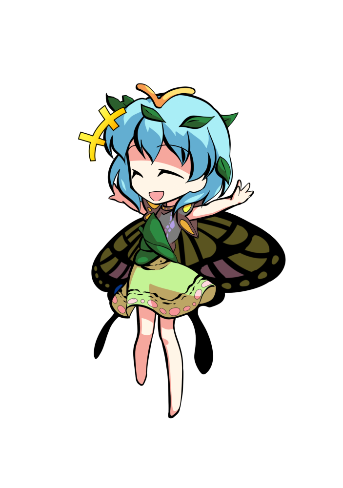 +++ 1girl antennae aqua_hair barefoot butterfly_wings chibi closed_eyes dairi dress eternity_larva eyebrows_visible_through_hair fairy full_body green_dress hair_between_eyes leaf leaf_on_head multicolored_clothes multicolored_dress open_mouth short_hair short_sleeves single_strap smile solo spread_legs standing tachi-e touhou transparent_background wings