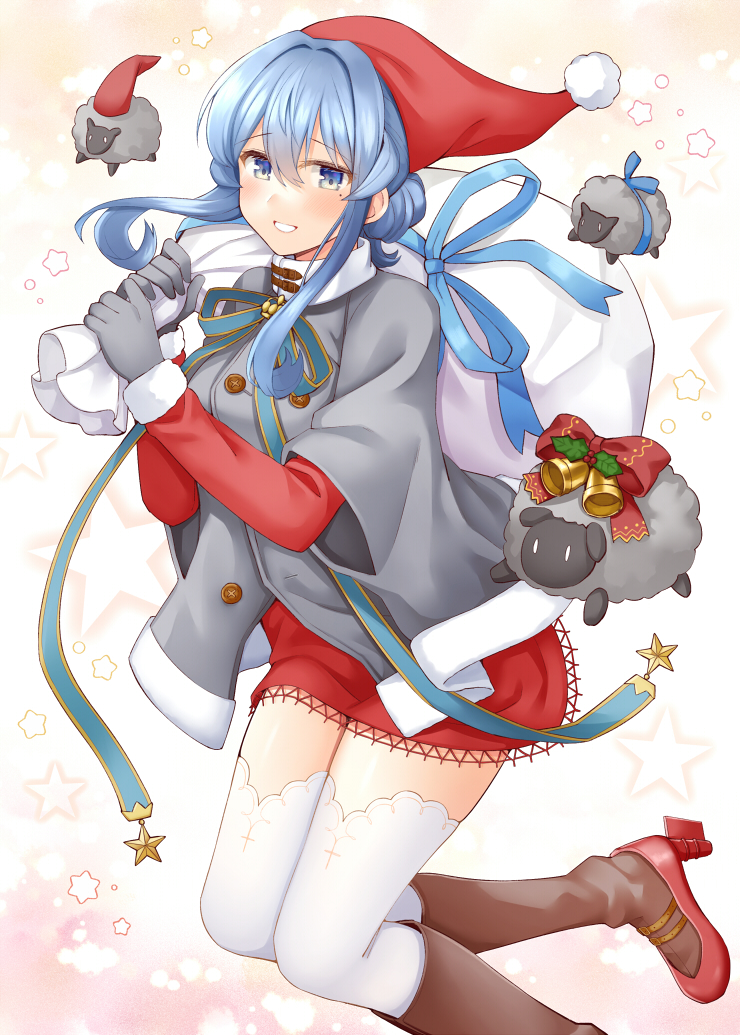 1girl animal blue_eyes blue_hair blush christmas commentary eyebrows_visible_through_hair fur-trimmed_sleeves fur_trim gloves gotland_(kancolle) grey_gloves hair_between_eyes hat holding holding_sack kantai_collection long_sleeves medium_hair mole mole_under_eye open_mouth pom_pom_(clothes) red_headwear revision rudder_footwear rui_shi_(rayze_ray) sack santa_costume santa_hat sheep smile solo star_(symbol) thigh-highs white_legwear