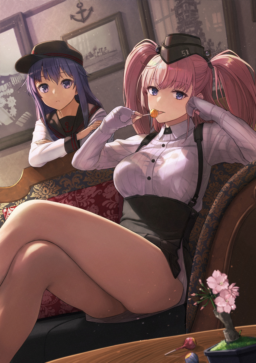 2girls akatsuki_(kancolle) akatsuki_kai_ni_(kancolle) anchor_hair_ornament anchor_symbol atlanta_(kancolle) black_headwear black_sailor_collar black_skirt blurry blush breasts brown_hair buttons can candy collared_shirt depth_of_field dr_pepper eyebrows_visible_through_hair flat_cap food garrison_cap gloves grey_eyes hair_between_eyes hair_ornament hat high-waist_skirt highres holding holding_food kantai_collection large_breasts lollipop long_hair long_sleeves multiple_girls partially_fingerless_gloves pleated_skirt purple_hair revision sailor_collar school_uniform serafuku shirt sitting skirt soda_can suspender_skirt suspenders tantaka thighs tongue tongue_out two_side_up violet_eyes white_shirt