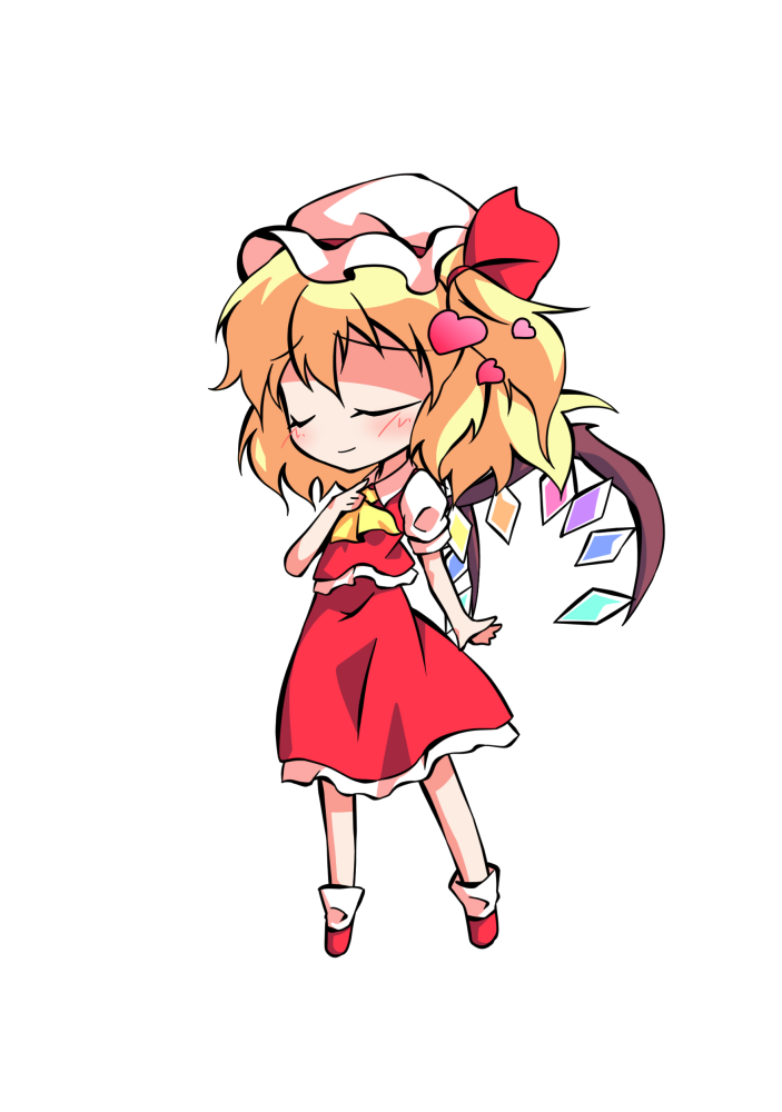 1girl ascot bangs blonde_hair blush chibi clip_studio_paint_(medium) closed_eyes closed_mouth collared_dress crystal dairi dress eyebrows_visible_through_hair flandre_scarlet frills full_body hair_between_eyes hair_ribbon hand_up hat heart jewelry mob_cap multicolored_wings one_side_up pink_heart puffy_short_sleeves puffy_sleeves red_dress red_footwear red_ribbon ribbon shirt shoes short_hair short_sleeves simple_background smile socks solo standing tachi-e touhou white_background white_headwear white_legwear white_shirt wings yellow_ascot