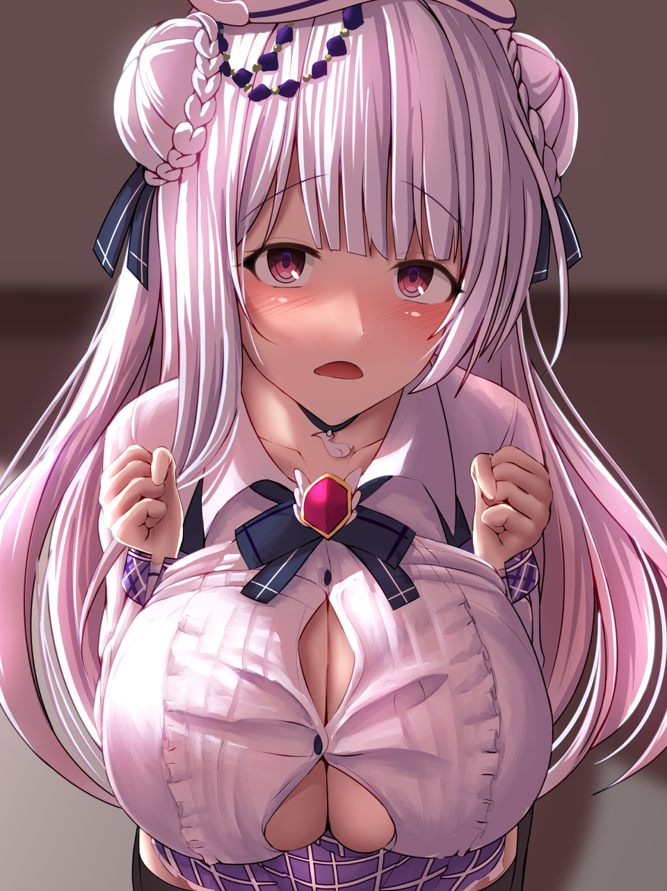 1girl azur_lane black_choker blurry blurry_background blush breast_squeeze breasts button_gap choker cygnet_(azur_lane) double_bun eyebrows_visible_through_hair highres huge_breasts light_purple_hair miniskirt oppai_loli purple_skirt shikakui_kyomu shirt skirt solo taut_clothes taut_shirt violet_eyes white_shirt