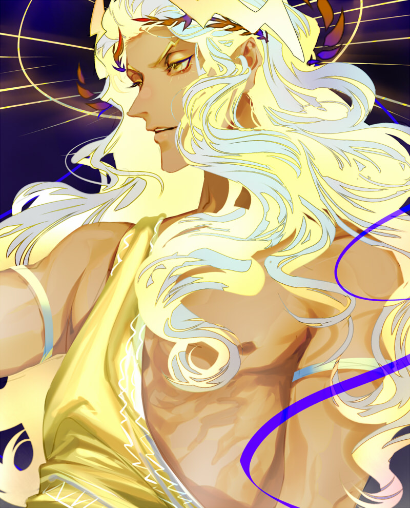 1boy armlet blonde_hair changye glowing glowing_hair greek_clothes hades_(game) hair_ornament halo lightning_bolt_hair_ornament lightning_bolt_symbol long_hair male_focus solo tan toga wavy_hair yellow_eyes younger zeus_(hades)