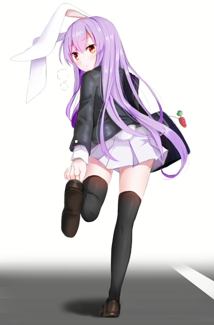 1girl adjusting_footwear animal_ears bag bag_charm bangs black_legwear blush brown_footwear carrot_charm charm_(object) eyelashes full_body light_purple_hair loafers long_hair long_sleeves looking_at_viewer looking_back mixed-language_commentary pleated_skirt rabbit_ears rabbit_tail red_eyes reisen_udongein_inaba shiny shiny_hair shoes sidelocks skirt solo standing standing_on_one_leg tail thigh-highs touhou white_skirt xialuluo_(sharuro)
