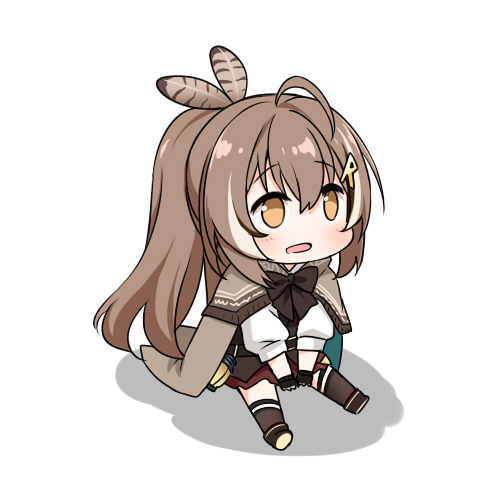 ahoge bow brown_eyes brown_hair chibi felutiahime fingerless_gloves full_body gloves hair_between_eyes hololive hololive_english lowres nanashi_mumei open_mouth ponytail shadow simple_background sitting skirt tongue white_background