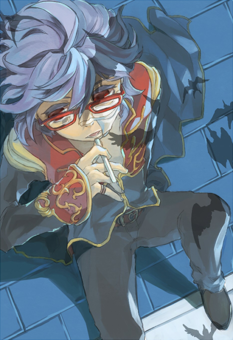 1boy azumi_on bangs black_coat black_footwear black_pants cigarette coat commentary_request foot_out_of_frame from_above glasses hair_between_eyes holding holding_cigarette light_blue_hair long_sleeves looking_at_viewer male_focus open_clothes open_coat open_mouth pants priest_(ragnarok_online) ragnarok_online red-framed_eyewear red_coat red_eyes shoes short_hair sitting solo two-tone_coat
