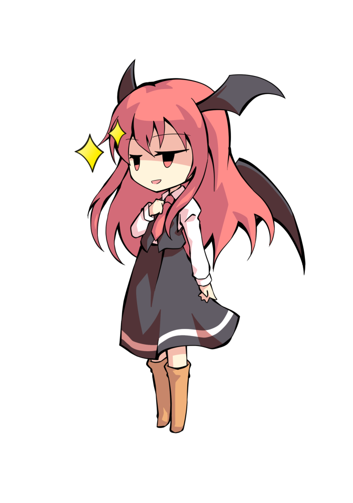 1girl bangs black_skirt black_vest chibi clip_studio_paint_(medium) dairi full_body head_wings juliet_sleeves koakuma long_hair long_sleeves necktie puffy_sleeves red_necktie redhead skirt solo standing tachi-e touhou transparent_background vest