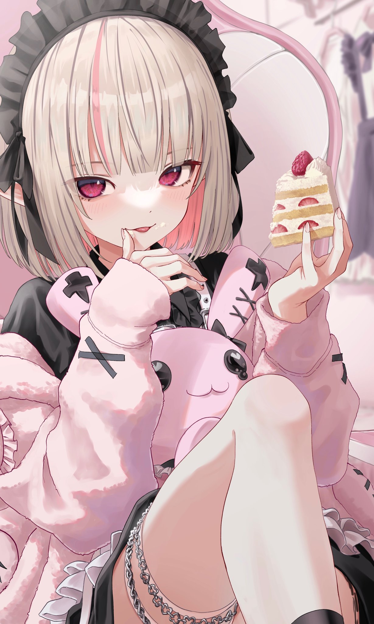 1girl :p black_shirt black_skirt blush brown_hair cake cake_slice closed_mouth food food_on_face fruit hasisisissy highres holding holding_food jacket knee_up long_sleeves looking_at_viewer makaino_ririmu multicolored_hair nijisanji off_shoulder open_clothes open_jacket pink_hair pink_jacket shirt sitting skirt sleeves_past_wrists smile solo strawberry streaked_hair stuffed_animal stuffed_bunny stuffed_toy tongue tongue_out violet_eyes virtual_youtuber