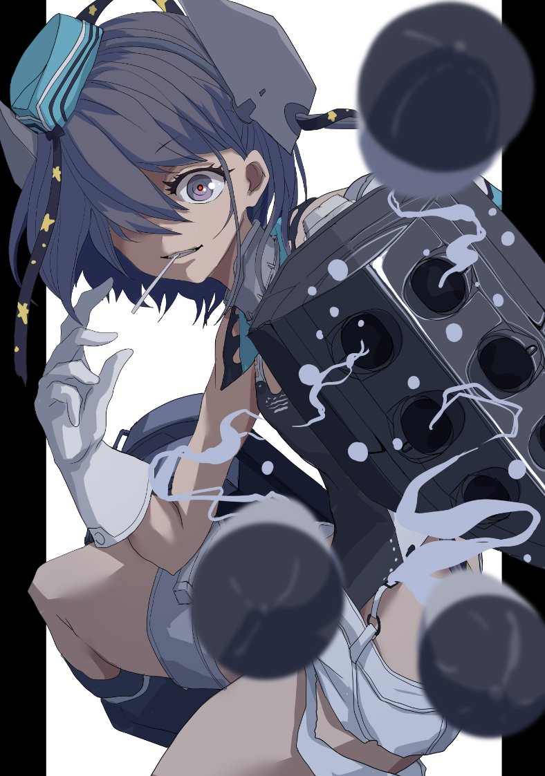 1girl aiming aqua_headwear black_ribbon black_swimsuit blurry boushi-ya candy competition_swimsuit depth_of_field firing food food_in_mouth garrison_cap gloves grey_eyes grey_hair hair_ornament hair_ribbon hat kantai_collection lollipop long_hair mouth_hold one-piece_swimsuit ribbon scamp_(kancolle) shorts side_ponytail solo star_(symbol) star_hair_ornament swimsuit torpedo torpedo_launcher white_gloves white_shorts