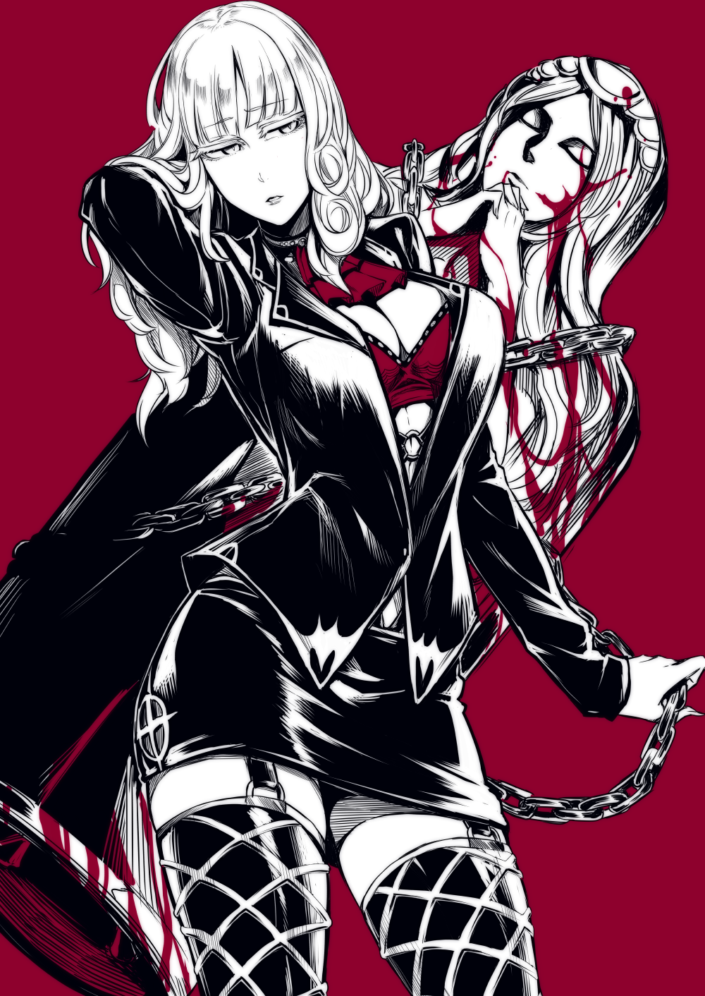 1girl ascot bra breasts carmilla_(fate) chain contrapposto curly_hair fate/grand_order fate_(series) garter_straps hand_in_hair highres holding holding_chain jacket large_breasts long_hair long_sleeves looking_at_viewer miniskirt monochrome nakamura_regura parted_lips red_ascot red_background red_bra red_theme simple_background skirt solo statue thigh-highs underwear