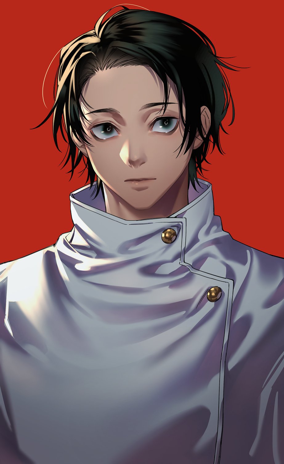 1boy black_eyes black_hair closed_mouth coat high_collar highres looking_at_viewer original red_background short_hair simple_background solo tagme tenobe upper_body