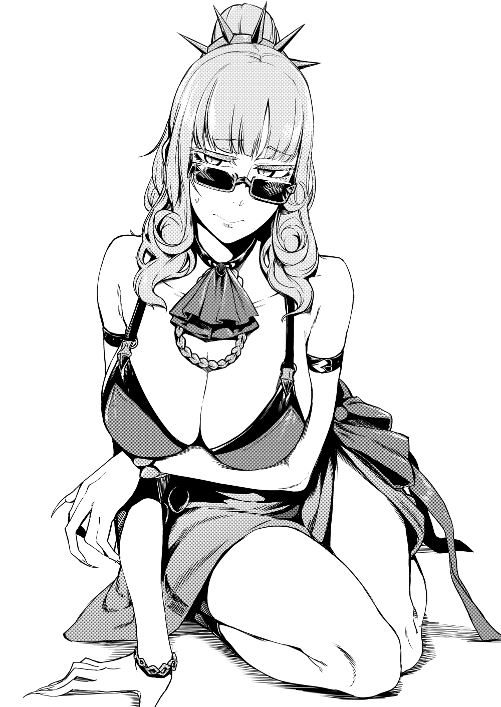 1girl armlet ascot bare_shoulders bikini breasts carmilla_(fate) carmilla_(summertime_mistress)_(fate) closed_mouth embarrassed fate/grand_order fate_(series) fingernails greyscale highres jewelry large_breasts long_fingers looking_at_viewer monochrome nakamura_regura necklace ponytail semi-rimless_eyewear sharp_fingernails simple_background solo sunglasses sweatdrop swimsuit under-rim_eyewear white_background