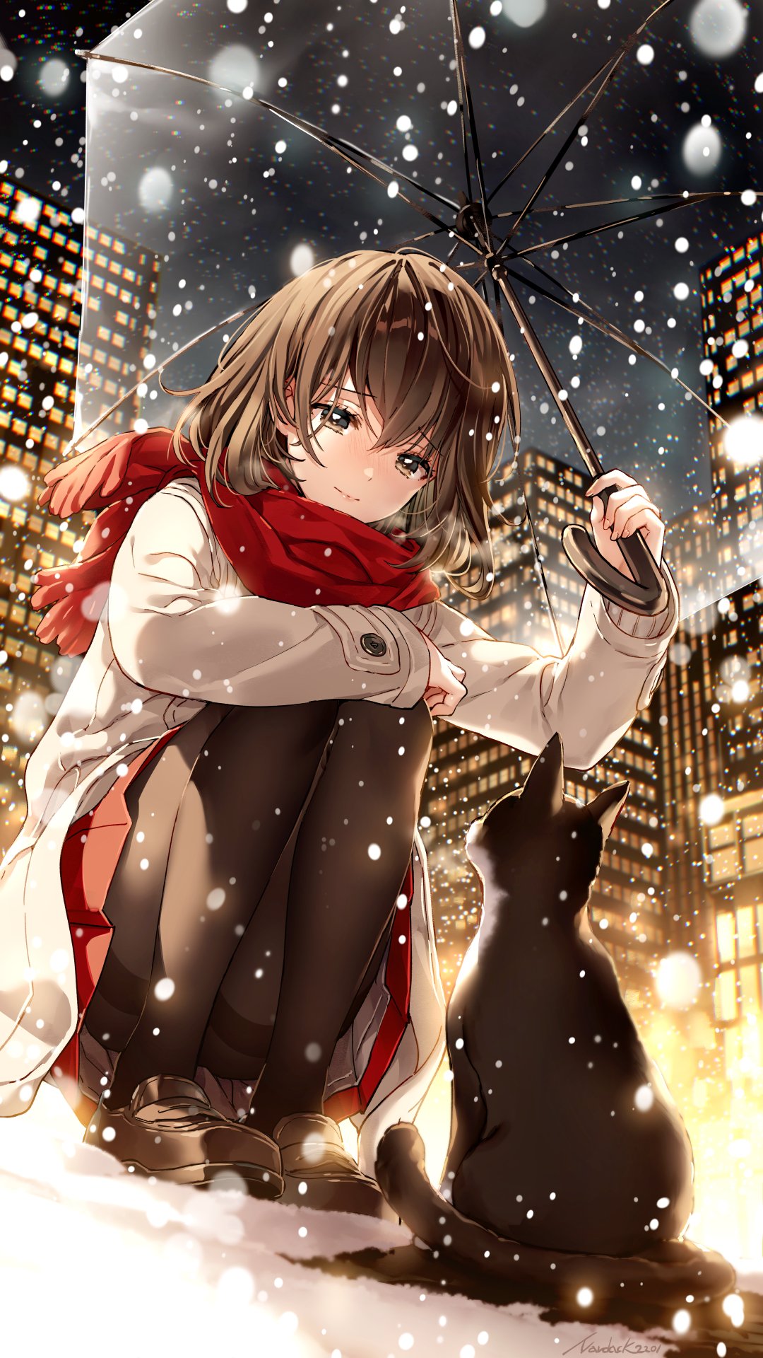 1girl bangs black_cat black_eyes black_hair black_legwear brown_eyes brown_hair building cat coat commentary eyebrows_behind_hair eyebrows_visible_through_hair hair_between_eyes highres holding holding_umbrella light nardack night night_sky original outdoors scarf short_hair sky smile snow snowing solo squatting symbol-only_commentary thigh-highs umbrella winter winter_clothes