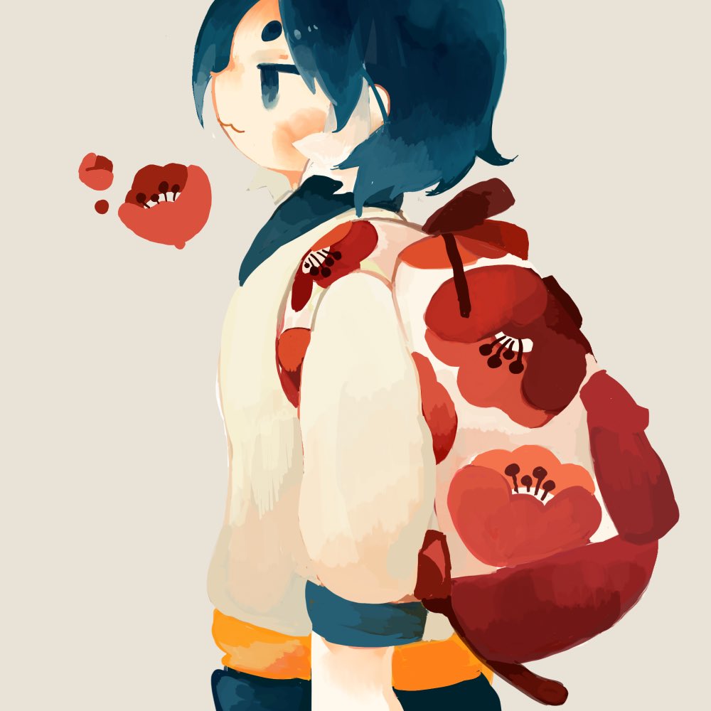 :3 backpack bag bangs blue_eyes blue_hair blue_sailor_collar blue_skirt bukka-chan_(butudan_butugu) butudan_butugu commentary floral_print flower flower_request from_side looking_away multicolored_hair original print_bag profile red_flower sailor_collar shirt short_hair simple_background skirt solo standing streaked_hair two-tone_hair upper_body white_background white_hair white_shirt