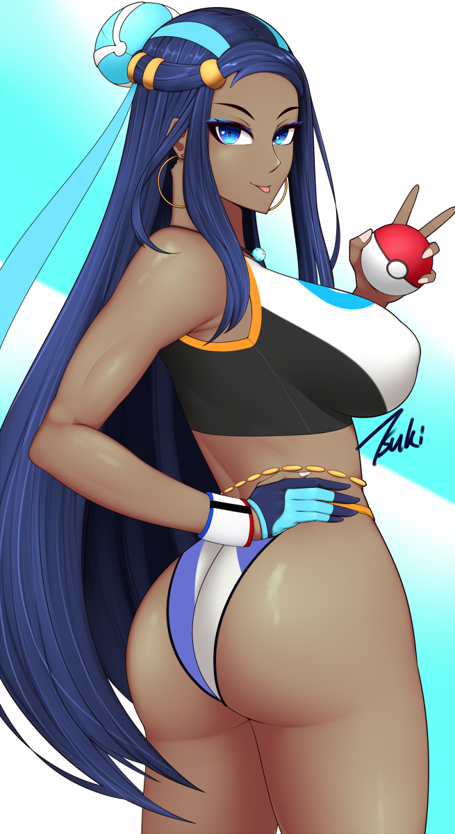 1girl armlet ass belly_chain blue_eyes blue_hair breasts covered_nipples cowboy_shot dark_skin earrings eyeshadow from_behind gloves hand_on_hip highres holding holding_poke_ball jewelry large_breasts long_hair looking_at_viewer looking_back makeup necklace nessa_(pokemon) poke_ball pokemon pokemon_(game) pokemon_swsh ryu_seung sidelocks simple_background single_glove solo sports_bikini symbol-only_commentary tongue tongue_out v very_long_hair