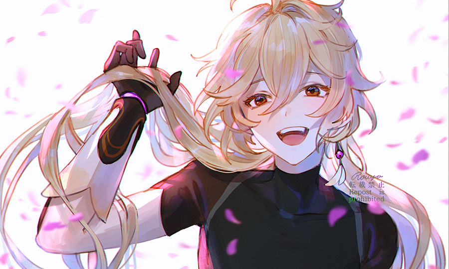 1boy aether_(genshin_impact) androgynous bishounen black_shirt blonde_hair blush earrings genshin_impact gloves jewelry long_hair looking_at_viewer male_focus pale_skin playing_with_own_hair rowya shirt smile solo yellow_eyes